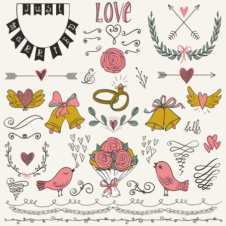 Wedding graphic set, arrows, hearts, birds, bells, rings, laurel, wreaths, ribbons and labels. Collection of vector wedding design elements. Decorative set of holiday objects and signs.のイラスト素材