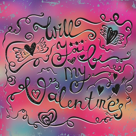 Happy Valentines day typographical holiday card on blurred background. Will You be My Valentine. Can be used as greeting card or wedding invitation for your design.のイラスト素材
