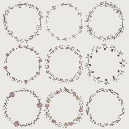 Set of nine hand-draw vector laurel wreaths. Sketch frames, hand-drawn in vintage style.  Vector illustration. Hand Drawn graphic elements. Decorative elements.のイラスト素材
