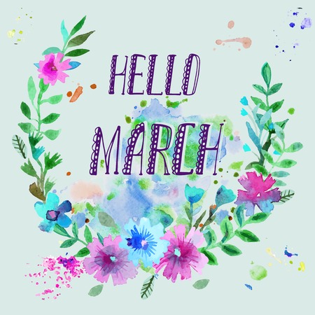 Watercolor vector wreath. Floral frame design with text helo march.  Fresh spring card with watercolor background. Hand drawn vintage illustration. Vector hand paint wreath.のイラスト素材