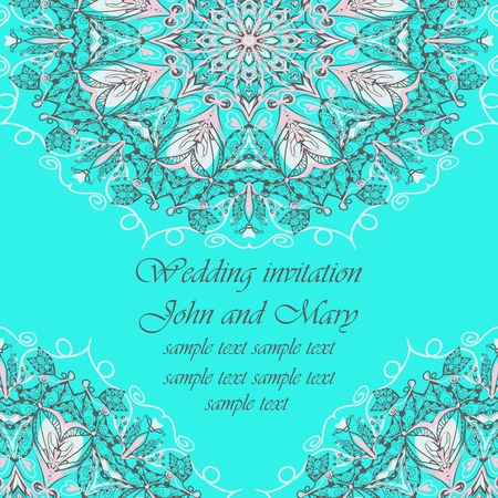 Wedding card or invitation with abstract floral background. Greeting postcard in bright colors. Blue backdrop. Perfect for invitations or announcements.のイラスト素材