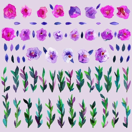 Watercolor Flowers, Laurels, Branches, and Leaves Vector. Watercolor Vector. Colorful Watercolor Flower  and Leaves Collection on Isolated Gray background.のイラスト素材