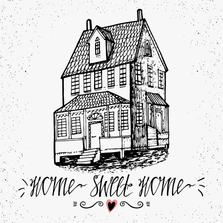 Hand drawn lettering- Home Sweet Home. Sketch house.  Inspirational vector typography. Stylish design use for banner or poster.のイラスト素材