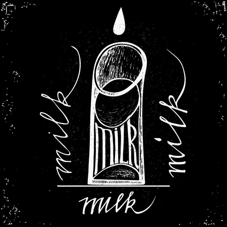 Hand drawn lettering- Milk. Stylish design used for your postcard, cover, design, banner or poster. Dark background.のイラスト素材
