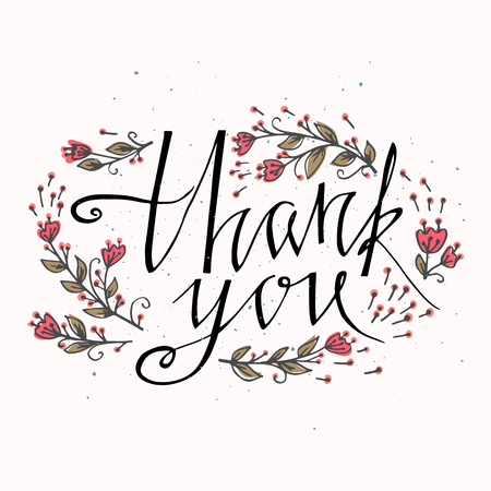 Lettering Thank you with  hand drawn flowers. You can place your own text on the bottom. Vector and illustration design.のイラスト素材