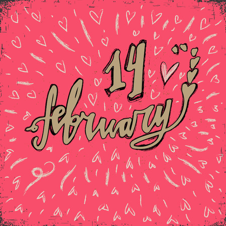 14 February hand lettering - handmade calligraphy, vector typography background.  Valentines day greeting card. Perfect design for invitations, romantic photo cards or party invitations for Valentine's Day, wedding.のイラスト素材