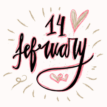 14 February hand lettering - handmade calligraphy, vector typography background.  Valentines day greeting card. Perfect design for invitations, romantic photo cards or party invitations for Valentine's Day, wedding.のイラスト素材