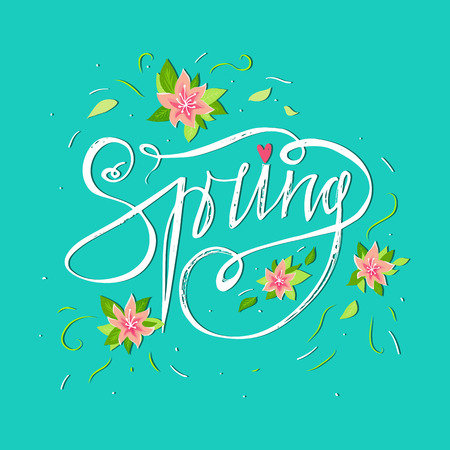 Bright spring card on blue background with spring flowers and hand lettering word. Spring floral background. Spring word and flowers.のイラスト素材