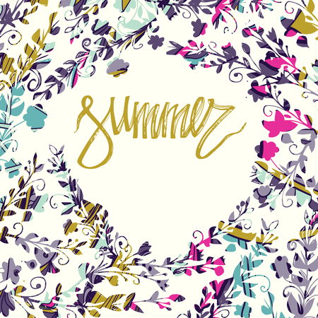 Summer card on white background with round floral frame. Floral card. Fresh summer illustration. Summer season, summer wallpaper, summer banner isolated.のイラスト素材