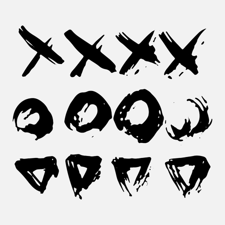 Circles, triangles and crosses brush strokes. Brush strokes isolated on white background. Made in vector.のイラスト素材