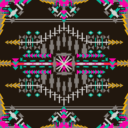 Colorful  aztec seamless pattern on dark background.  Ethnic abstract geometric texture. Hand drawn...