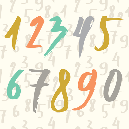 drawn numbers made by brush and seamless pattern with numbers. Modern Brushed. Education. Illustrationのイラスト素材