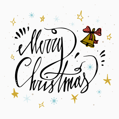 Merry Christmas lettering with Christmas bell - isolated on white background. Perfect design for congratulation cards, banners and flyers. Xmas design.のイラスト素材