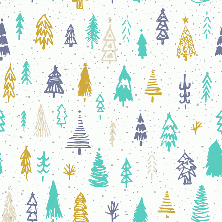 Seamless christmas background with cute christmas trees and falling snow. Holiday decoration isolated elements. Vector illustration. Use for Greeting Scrapbooking, Congratulations, Invitations.のイラスト素材