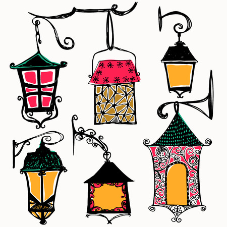 Set of vintage street luminescent lanterns hanging on a decorative brackets. Vector. Outdoor lamp.のイラスト素材