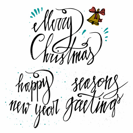 Set of greetings hand-lettering cards isolated. Hand lettering calligraphic inscription by brush for Christmas, New Year greeting card template. Vector illustrationのイラスト素材