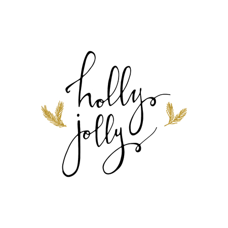 Holly Jolly Christmas card with gold glitter branhes. Modern calligraphy lettering. Vector illustration for greeting cards, posters, banners and flyers. Xmas design.のイラスト素材
