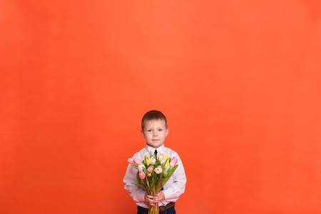 Little boy with flowers posing in the studio on a red background.の写真素材