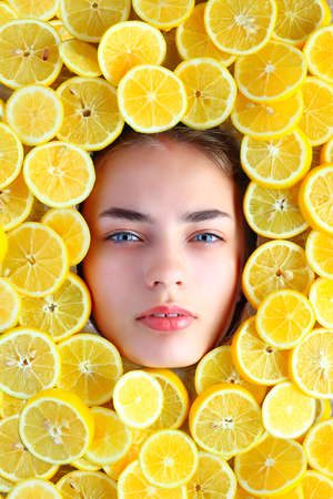 Fruit face mask. Frame of fruits. Flatlayのeditorial素材