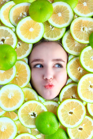 Fruit face mask. Frame of fruits. Flatlayのeditorial素材
