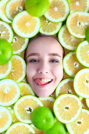 Fruit face mask. Frame of fruits. Flatlayのeditorial素材
