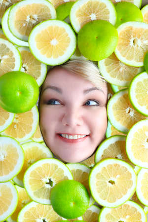 Fruit face mask. Frame of fruits. Flatlayのeditorial素材