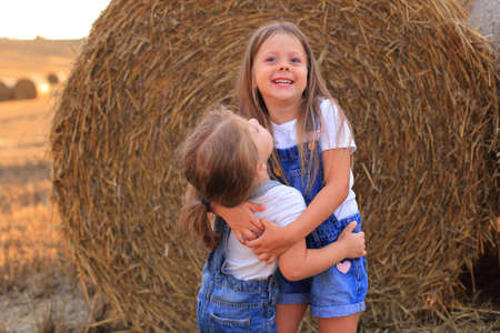 Girlfriends cuddling near a haystack in a field in summerの写真素材