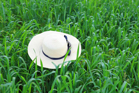 Big bright hat lies on the green grass in the field