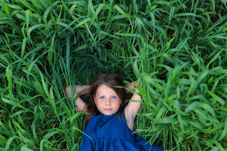 Beautiful little girl runs in the summer fieldの写真素材