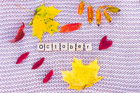 A yellow sheet and the words october lie on a knitted background.