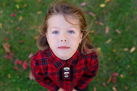 A beautiful girl with blue eyes looks up. Child in a red autumn dress. View from above. Camera from...