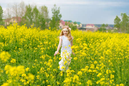 A child in a blooming field with yellow flowers.の写真素材