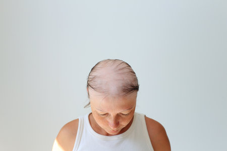 Hair loss in the form of alopecia areata. Bald head of a woman. Hair thinning after covid. Bald patches of total alopeciaの写真素材