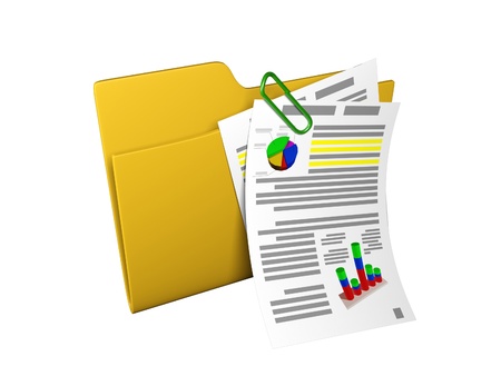 3d an illustration: a yellow folder with documents and schedulesの写真素材