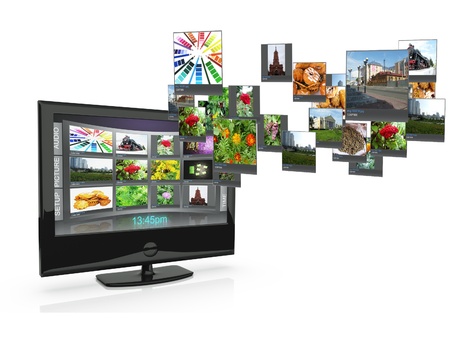 3d an illustration: the TV with pictures costs on a white backgroundの写真素材