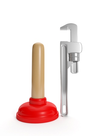 3D Illustration: plunger and a wrench on a white backgroundの写真素材