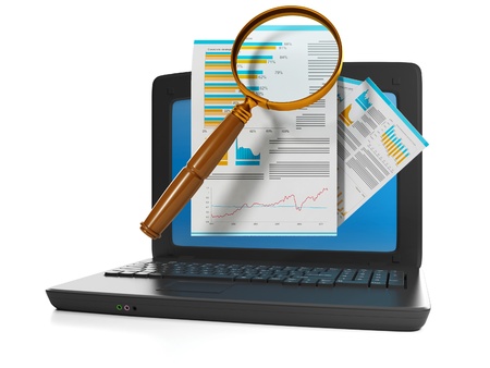 3d illustration of computer technologies. Search for the file on the Internet. Laptop on white backgroundの写真素材