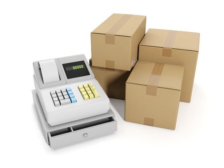 3d illustration: Sale goods storage, warehouse. Cash register and group boxesの写真素材