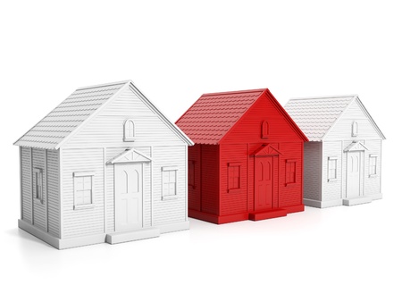 3d Illustration: Finding the right home, a group of white houses and one redの写真素材