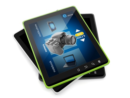 3d illustration: Sale and purchase. Online store and a group of tablet computersの写真素材