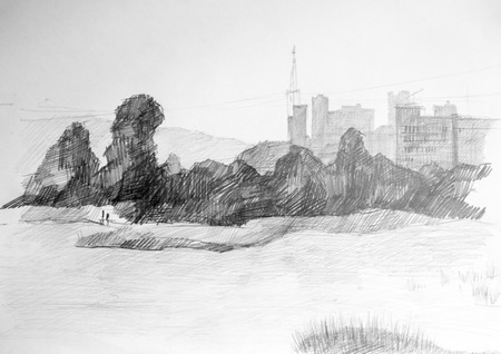 Sea, forest and city, pencil illustrationの写真素材