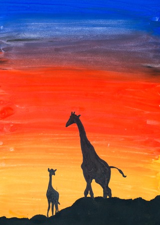 Giraffes at sunset, watercolor illustration for your designの写真素材