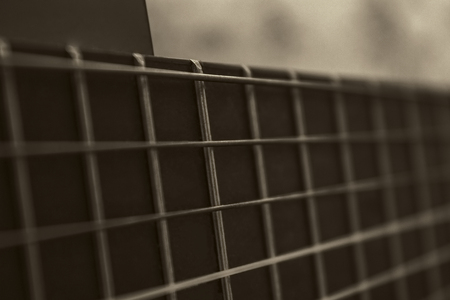 Guitar neck. Retro atmosphere. Musical instrument. Background strings. Monochrome guitar image.