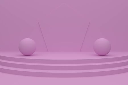 The pedestal in pink in the form of semicircular steps with spaced apart in the corners of the balls with a central composition for placing the object. Model of a bridge for placing a 3D render objectの写真素材