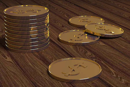 Gold coins on a wooden table close-up 3D rendering. Gold stock in coins illustrationの写真素材
