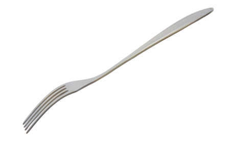 Dining steel fork in food pricking position isolated on white background close up