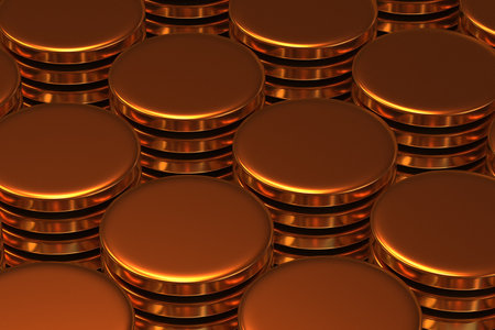3d rendering background gold medallions coins in high contrast stacked stacks close up