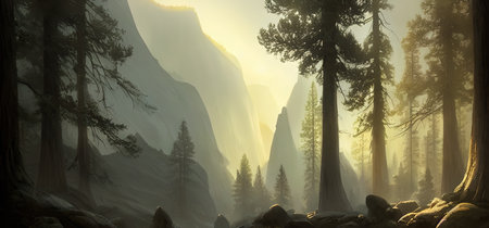 A beautiful landscape, a journey through fabulous places. Illustration for a book, idea for inspiration.の写真素材