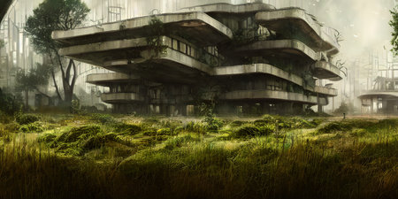 Architecture of the future, a ruined city overgrown with greenery. Concept art, idea for...