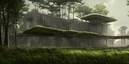 Architecture of the future, a ruined city overgrown with greenery. Concept art, idea for inspiration.の写真素材